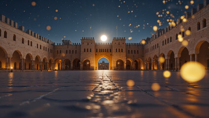 Nighttime view of a majestic stone courtyard with arches illuminated by the moon's soft glow and twinkling lights.