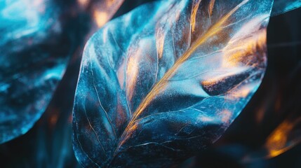 Teal leaf glows golden light abstract nature