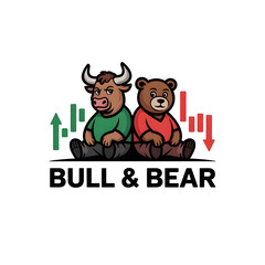 Fototapeta premium Bull and Bear Market Metaphor: The image shows an illustration of a bull and a bear, symbolizing the market trend, with financial charts around them.