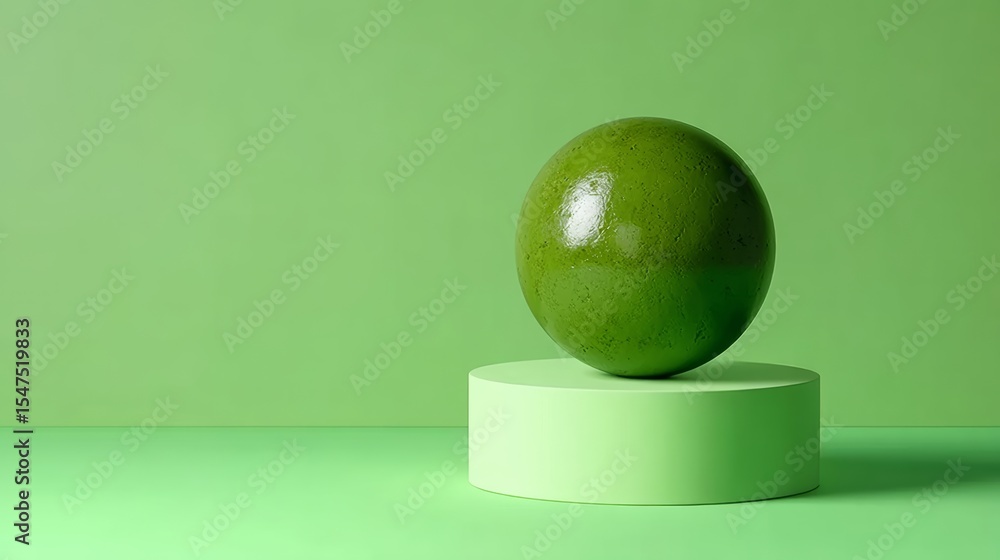 Poster green sphere placed on a circular pedestal, surrounded by a soft green backdrop, creating a minimali