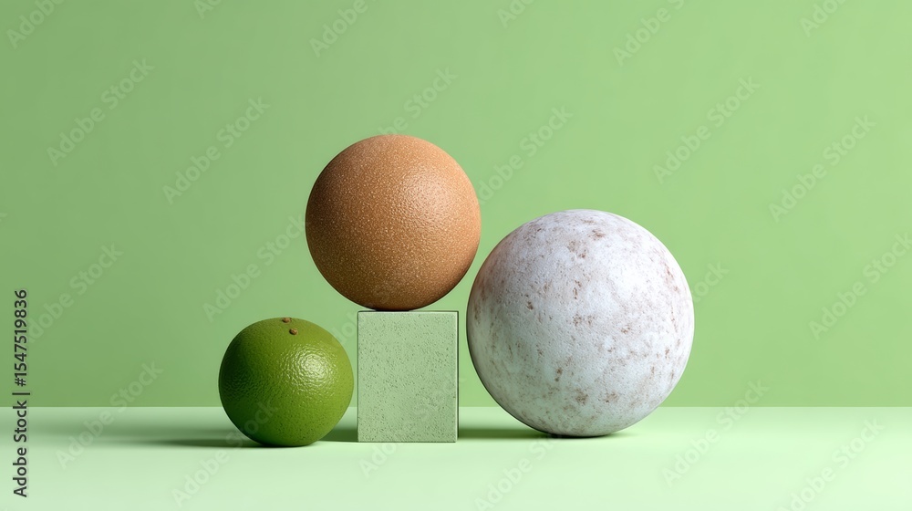 Poster abstract composition featuring geometric shapes including spheres and a cube in various colors, set 