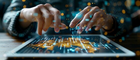Hands interacting with a digital tablet interface, showcasing data visualization and modern technology concepts