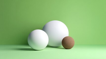 Three geometric shapes displayed on a vibrant green background, featuring two white spheres of varying sizes and one smaller brown sphere, creating a modern and minimalist aesthetic for design purpose