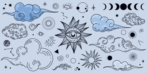 Set of magic and clouds, an image of a magical blue, starry sky with a crescent moon.