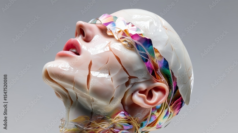 Poster futuristic humanoid figure with glossy skin and colorful holographic elements, showcasing intricate 