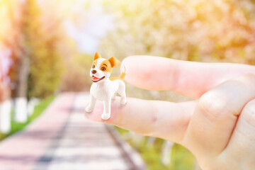 A hand holding a very small toy dog. Background on the theme of caring for pets.
