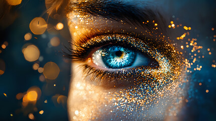 Striking blue eye with golden glitter makeup and sparkles against dark background, creating magical and ethereal beauty effect for cosmetic advertising.