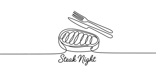 Steak Night Continuous Line Art Illustration
