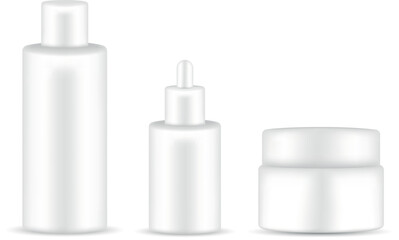 White 3D cosmetic mockups: toner bottle, closed dropper serum, and cream jar packaging