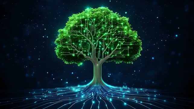 Glowing digital tree with circuit pattern branches against starry background, representing technology and nature connection. Root system spreads in network lines.