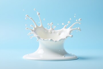 Milk splash isolated on a light blue background. Natural product, yogurt or cream in a crown splash with flying drops