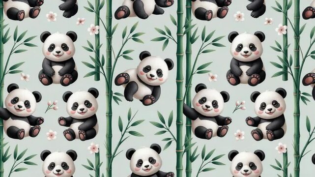 Smiling panda cubs relaxing with bamboo shoots, a seamless pattern.