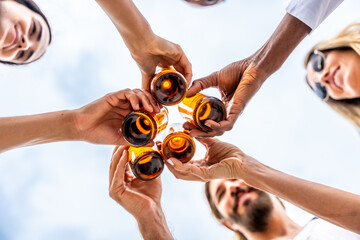 Friends toasting with beer bottles against blue sky