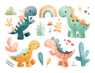 Watercolor Illustration Set of Happy Dinosaurs and Elements
