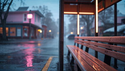 Rainy day in a small town featuring a bus stop bench with wet reflections and buildings blurred in the background