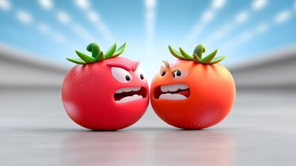 Cartoon-style red and orange tomatoes with exaggerated facial expressions are facing each other in a playful confrontation, showcasing vibrant colors and a dynamic atmosphere in a whimsical setting