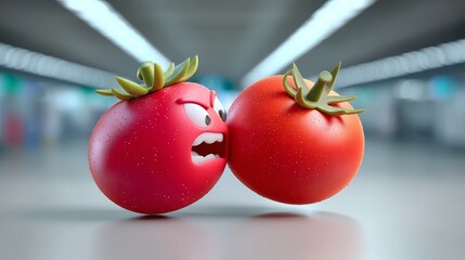 Cartoon-style illustration of two angry tomatoes facing each other, showcasing vibrant colors and exaggerated expressions, set against a blurred background, emphasizing their playful confrontation and