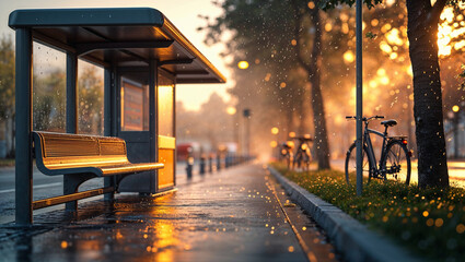 Rainy day in city with bus stop and bicycle golden hour sunlight and atmospheric effects