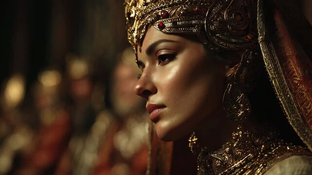 Majestic close-up of Esther, from the book of Esther in the Bible, from the adorned in golden attire and a crown, captured in dramatic lighting, evoking a sense of reverence and grandeur.