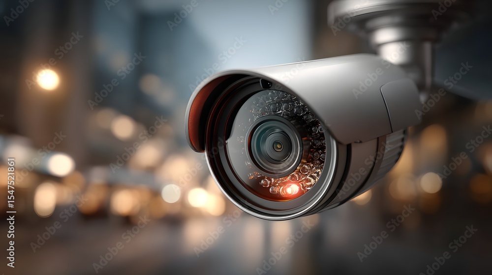Poster a security mounted on a building monitoring a dimly lit urban street at night with illuminated build