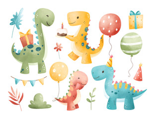 Watercolor Illustration Set of Happy Dinosaurs and Birthday Party Elements