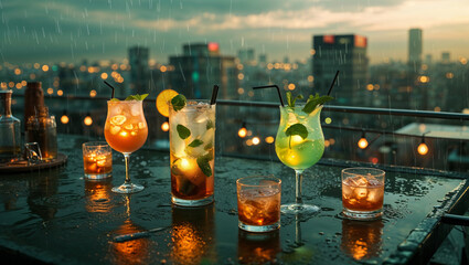 Refreshing cocktails in the rain presented on a rooftop bar with a city skyline in the background and ambient lights