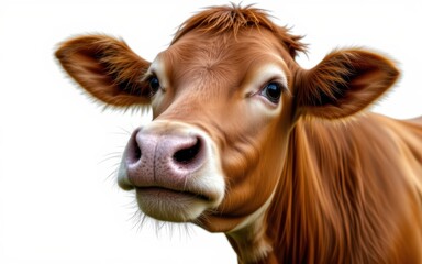 Close-up of a cow with expressive features and a detailed coat.
