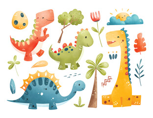 Watercolor Illustration Set of Happy Dinosaurs and Nature Elements