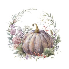 Colorful watercolor pumpkin with floral wreath. Helloween element. Thanksgiving greeting card template. Digital illustration.	