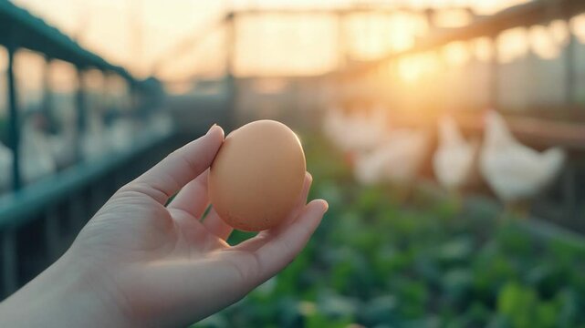 Person hand holding single fresh egg in natural farm environment