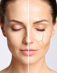 A parched, dull patch of skin transforms into a hydrated, glowing surface, symbolizing effective moisturizing.