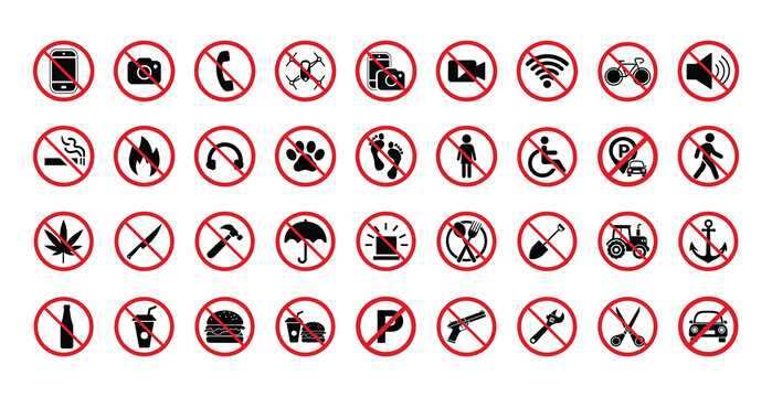 set of red forbidden sign , prohibition signs , Collection of vector icons forbidden dangerous actions: smoking, alcohol, food and drink, do not take drugs. vector illustration . 