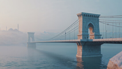 Scenic photograph of a historic suspension bridge spanning a tranquil river with a hazy cityscape in the distance