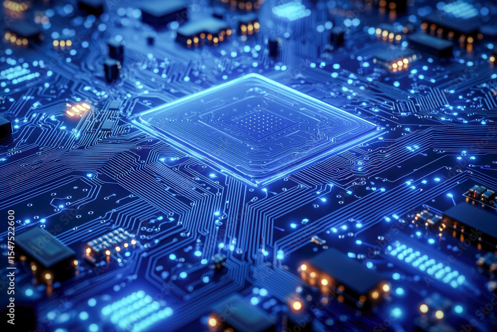 Poster close-up of a futuristic computer chip with glowing circuitry on a digital motherboard