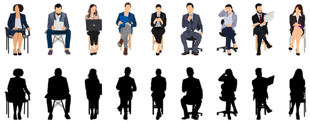Silhouettes of business people sitting, men and women sit on armchair, office chair, front, side view. Vector illustration black on transparent background. Icons set, bundle.