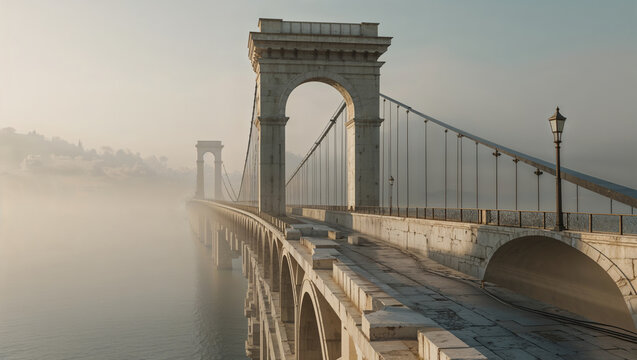 Scenic view of the historic suspension bridge amidst thick morning fog creating a sense of mystery and architectural wonder.