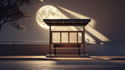 Serene bus stop scene featuring illuminated moon trees bench and architectural elements creating atmospheric lighting