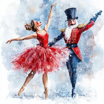 Watercolor clipart of the Nutcracker and ballerinas on a white background