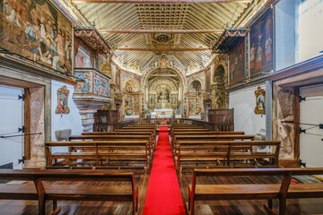 Ornate Interior of the Historic Church of Santa Barbara das Manadas in Sao Jorge, Azores, With...