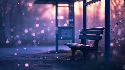 Serene outdoor scene with a bench at a bus stop with blurred bokeh lights in a dreamy artistic landscape.