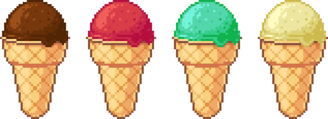 Vector pixel art set of four waffle cones with different ice cream scoops. Chocolate, strawberry, pistachio and vanilla flavors. Isolated on white background.