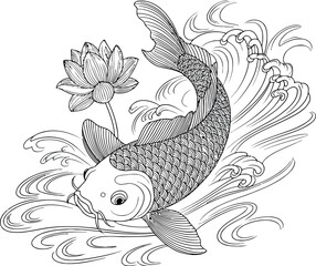  a black and white line art drawing. It depicts a koi fish. The fish is swimming among waves and a lotus flower.