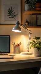 Warm desk lamp illuminates workspace, plants, laptop.