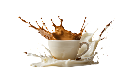 Brown Coffee and White Milk Splashing Dynamically into White Mug Coffee Beans Scattered 4k High Quality Image isolated on a transparent background
