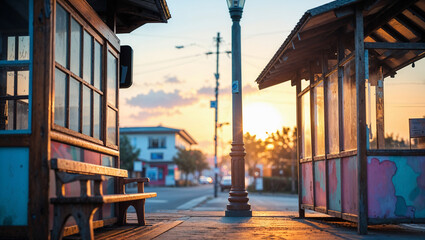 Serene view of a wooden bus stop with a bench and a street light in a scenic, peaceful town at sunset