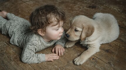 A curious toddler lies on a wooden floor nose to nose with a yellow Labrador puppy.