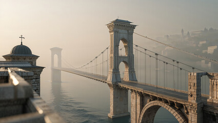 Suspension bridge over water featuring ornate stone pillars and a hazy, atmospheric landscape with a cityscape in the background.