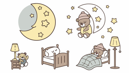 Good night sweet dreams cute teddy bear sleeping in bed moon stars simple cartoon illustration for kids
