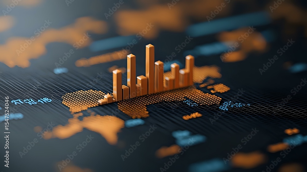 Aufkleber financial data visualization with glowing orange bar charts rising from digital circuit board surfac