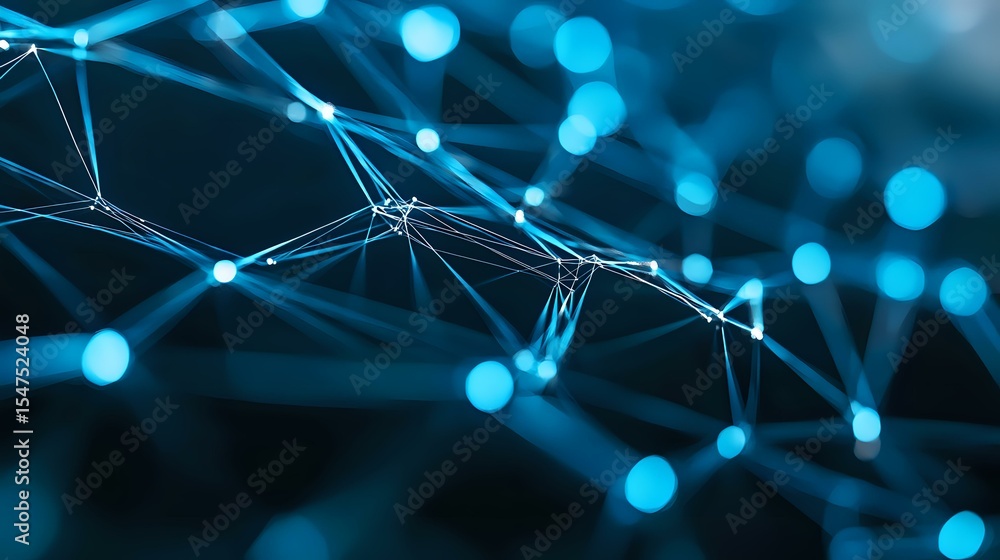 Poster glowing blue network connections with bokeh light effects on dark background, representing digital t